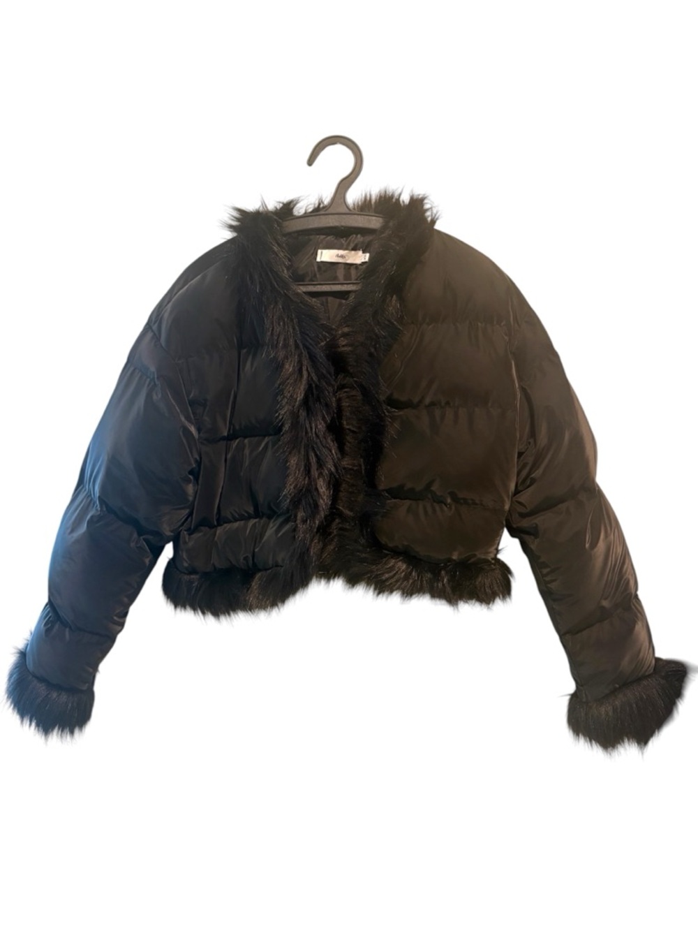 Adika Cropped Puffer Jacket Faux Fur Trim Black XS Coquette Mob Wife Edgy Glam